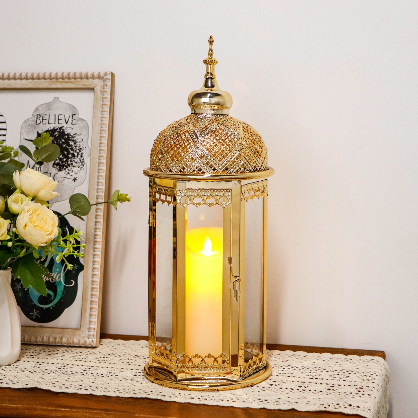 Moroccan Candle Lantern 15'' Gold Hexagonal Candle Holder-4