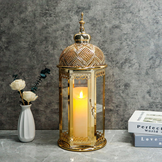 Moroccan Candle Lantern 15'' Gold Hexagonal Candle Holder-1