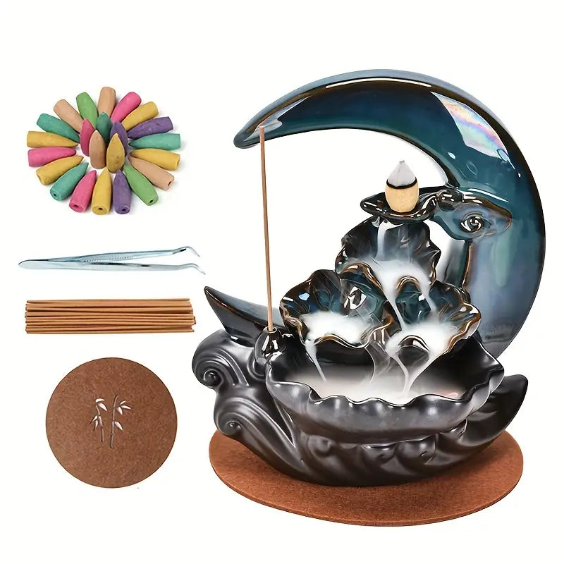 Handmade Ceramic Moon Reflux Incense Burner Set