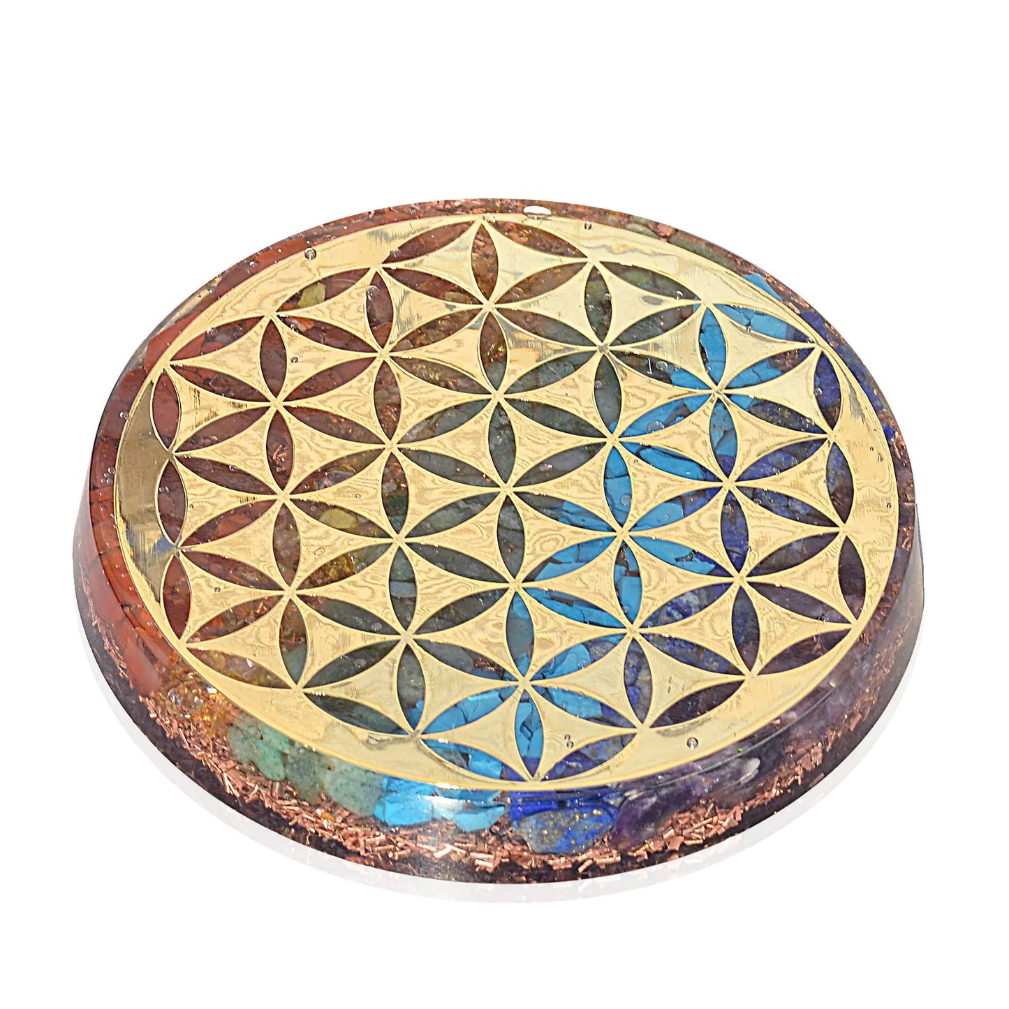 Orgonite Crystal Water Charging Plate –Chakra Balancing Coaster and Positive Energy Generator Flower of Life and with 7 Healing Crystals for Spiritual Balance Meditation Reiki Gifts(4 Inch Diameter)