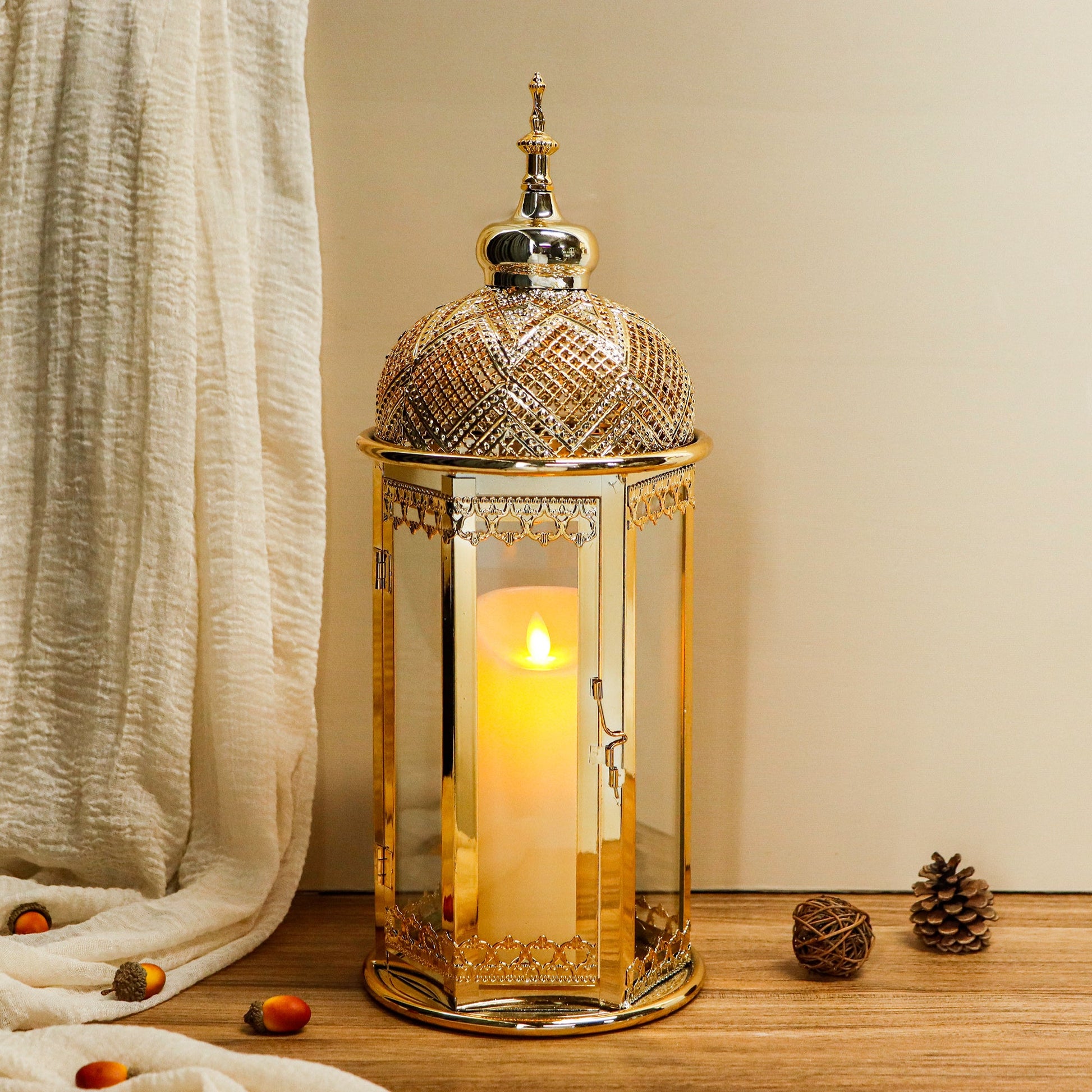 Moroccan Candle Lantern 15'' Gold Hexagonal Candle Holder-2
