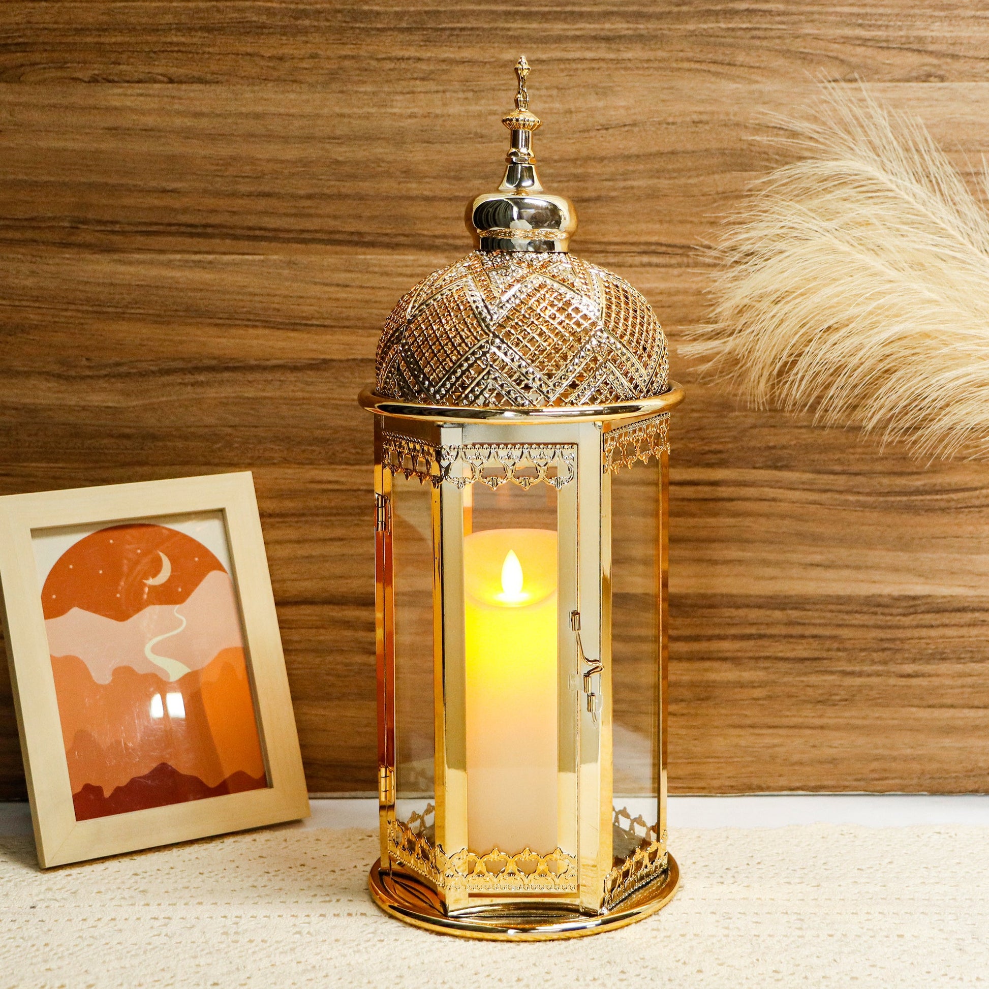 Moroccan Candle Lantern 15'' Gold Hexagonal Candle Holder-3