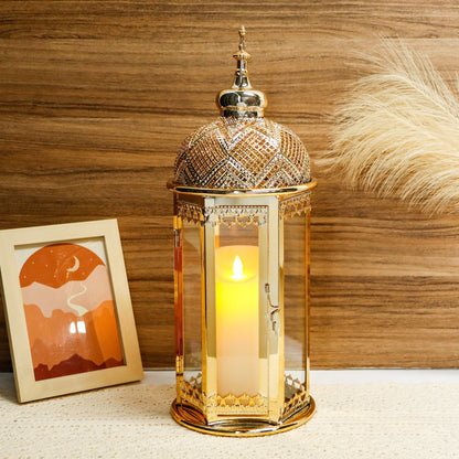Moroccan Candle Lantern 15'' Gold Hexagonal Candle Holder-3