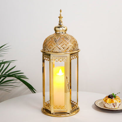 Moroccan Candle Lantern 15'' Gold Hexagonal Candle Holder-0