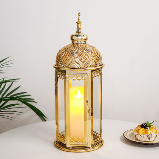 Moroccan Candle Lantern 15'' Gold Hexagonal Candle Holder-0