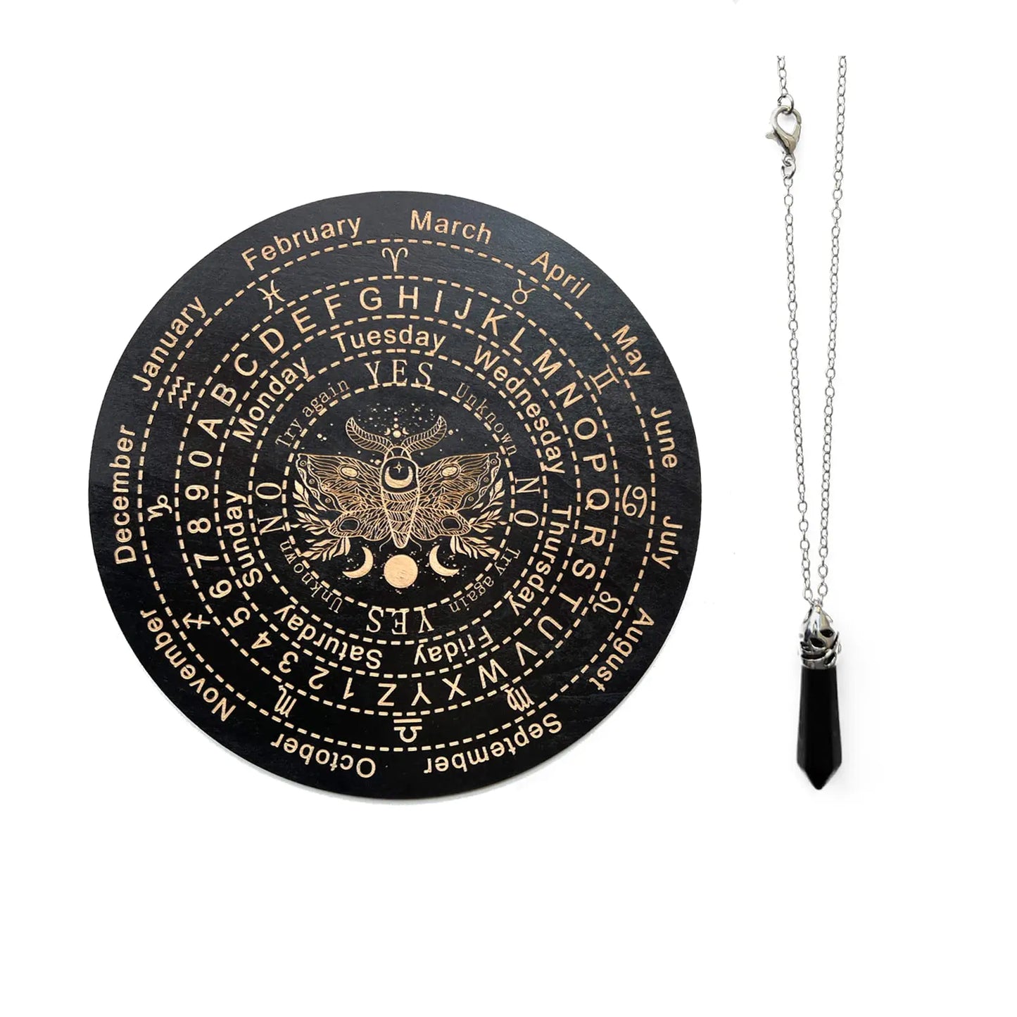 Pendulum Board Dowsing Divination Wooden Pendulum Board Dowsing with Crystal Dowsing Witchcraft Wiccan Altar Supplies Kit Wooden Carven Board for Divination Decoration 9.8in